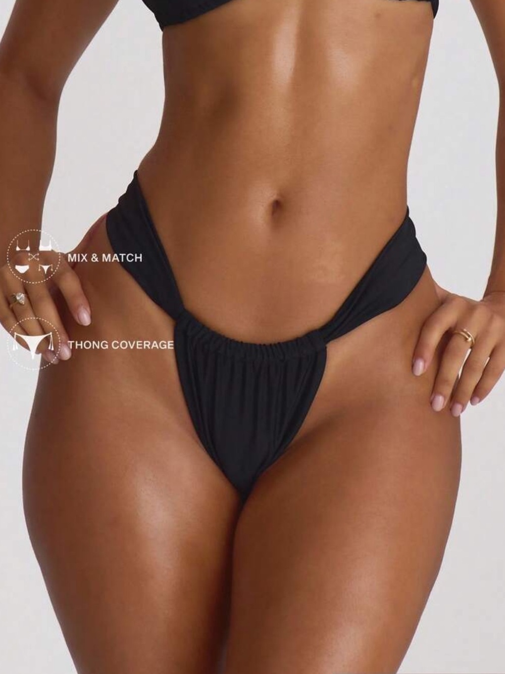 Musera Black Ruched High-Cut Thong Bikini Bottom